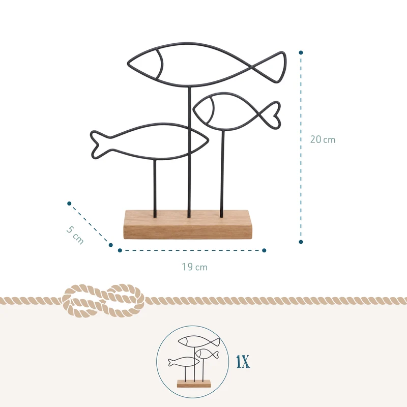 Maritime Fisch-Skulptur 19 x 5 x 20 cm aus Eisen und Bambus – Deko-Figur Drahtfische