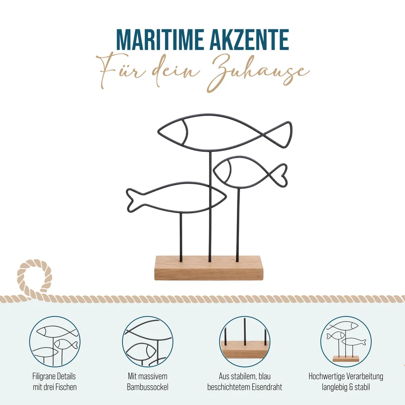 Maritime Fisch-Skulptur 19 x 5 x 20 cm aus Eisen und Bambus – Deko-Figur Drahtfische