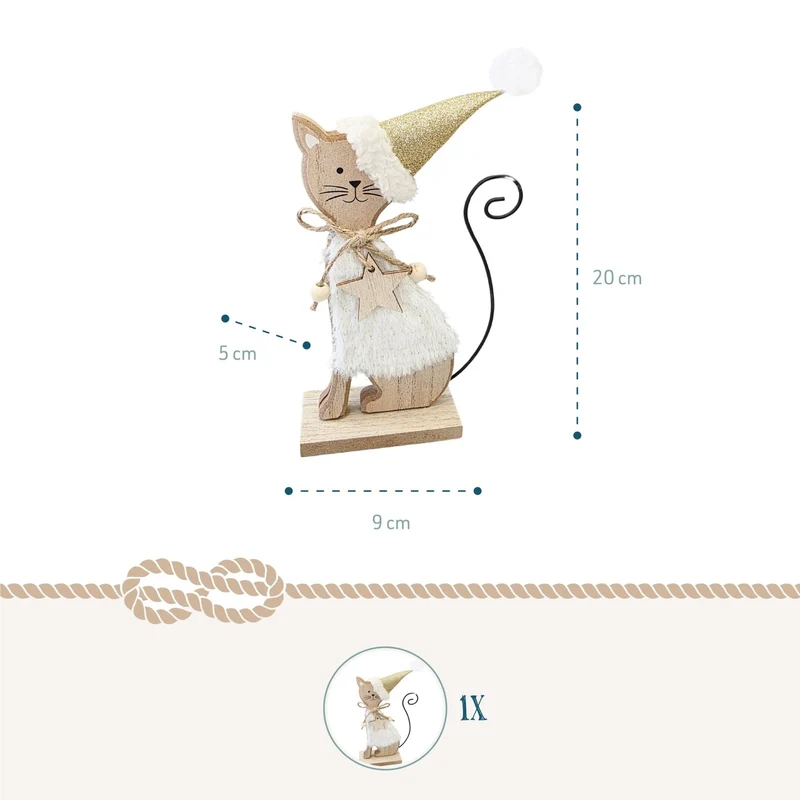 Logbuch-Verlag Weihnachtskatze Holz 20 cm – Creme-goldene Dekofigur mit Stern und Glitzerhut – Winterdeko Katze zum Hinstellen