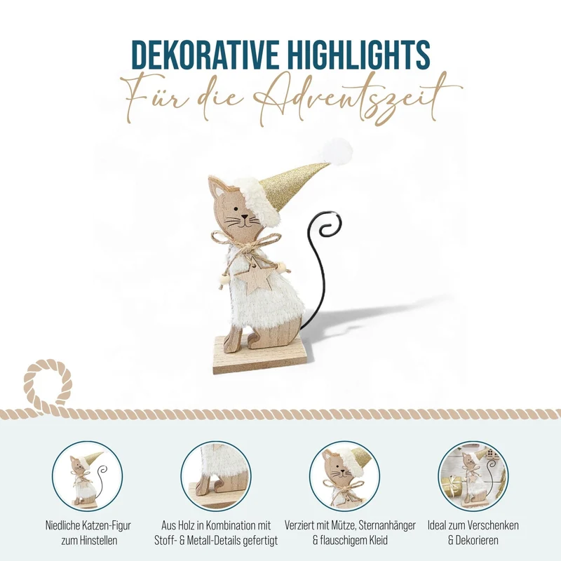 Logbuch-Verlag Weihnachtskatze Holz 20 cm – Creme-goldene Dekofigur mit Stern und Glitzerhut – Winterdeko Katze zum Hinstellen