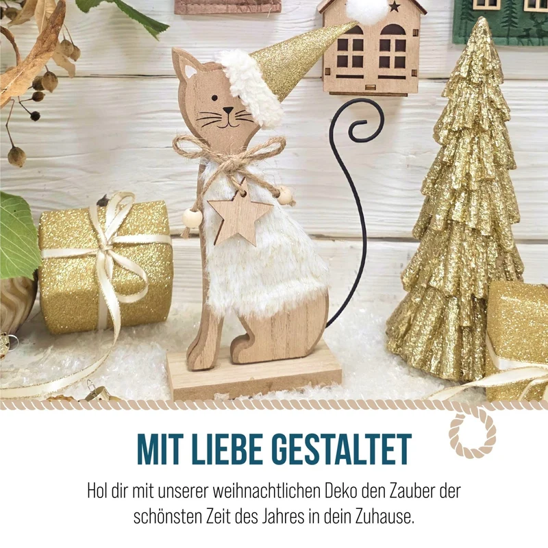 Logbuch-Verlag Weihnachtskatze Holz 20 cm – Creme-goldene Dekofigur mit Stern und Glitzerhut – Winterdeko Katze zum Hinstellen