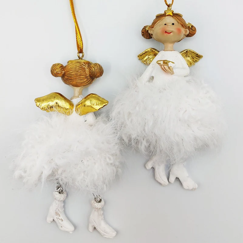 4er Set Engel Anhänger weiß Gold flauschig H11 cm