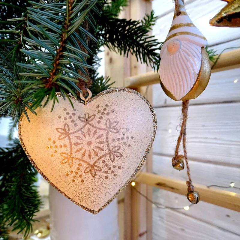 3er Set Metall Anhänger Stern Herz Baum Creme Gold 8-9 cm Weihnachtsdekoration zum Aufhängen