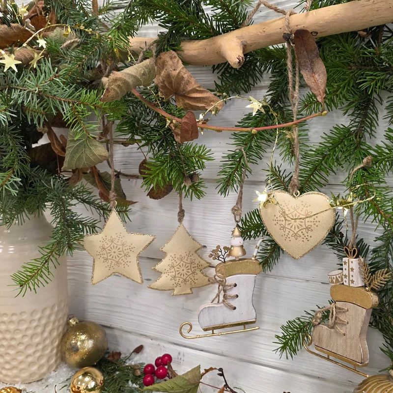 3er Set Metall Anhänger Stern Herz Baum Creme Gold 8-9 cm Weihnachtsdekoration zum Aufhängen