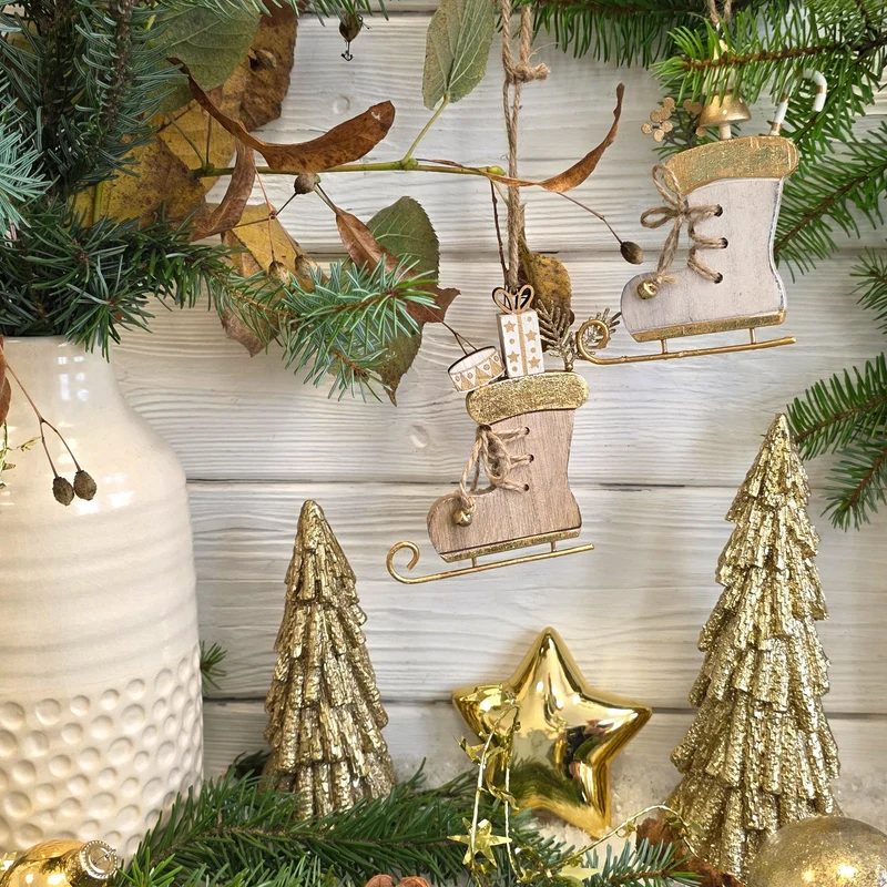 2er Set Schlittschuhe Weihnachtsbaumanhänger Holz Metall Natur weiß Gold ca.12-13 cm