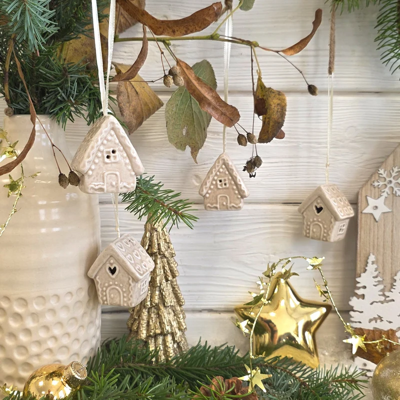 4er Set Porzellan Lebkuchenhaus Creme braun 4,5×3,5×5 cm –Weihnachtsanhänger