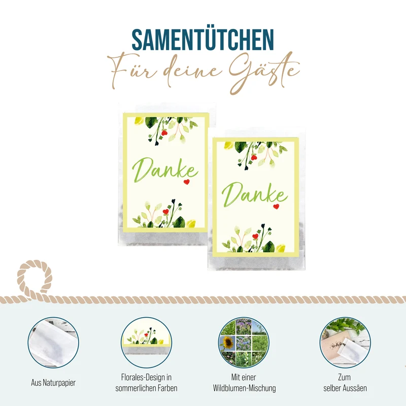 Danke Samentütchen 10er Set - Blumensamen Gastgeschenk mit Karte Danke - Samen Geschenk für Hochzeit, Geburtstag, Taufe oder Kunden - Logbuch-Verlag