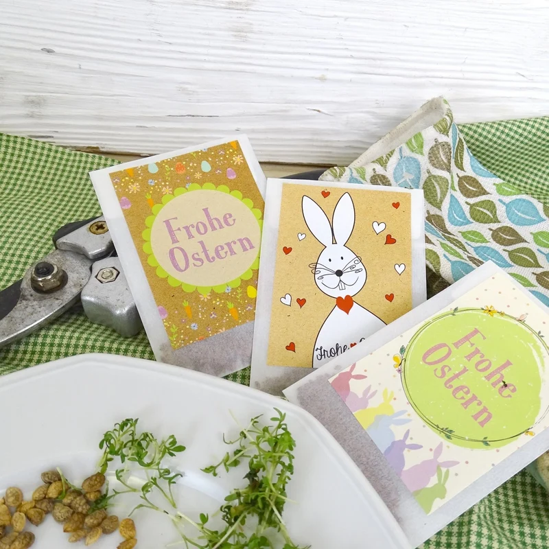 Frohe Ostern Samentütchen 10er Set Pastell - Kressesamen Gastgeschenk zu Ostern mit Hasen Motiv - Samen Geschenk für Osterfeier, Gäste oder Kunden - Logbuch-Verlag