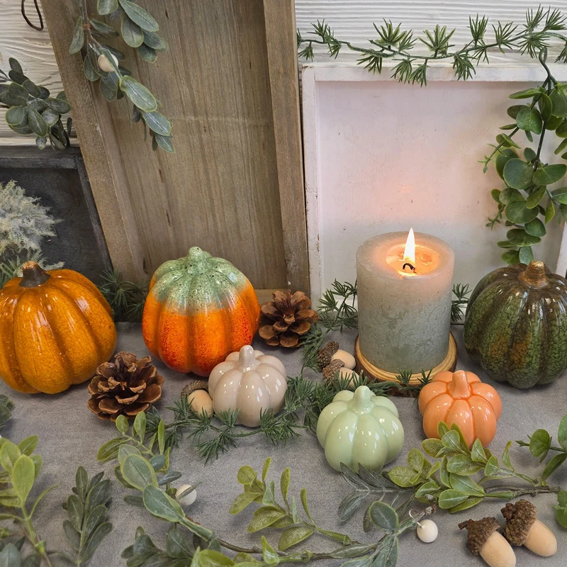 Herbstdeko Kürbisse Keramik 3er-Set bunt 9x8,5x9,5 cm,– Deko-Kürbis zum Hinstellen für Herbst & Halloween