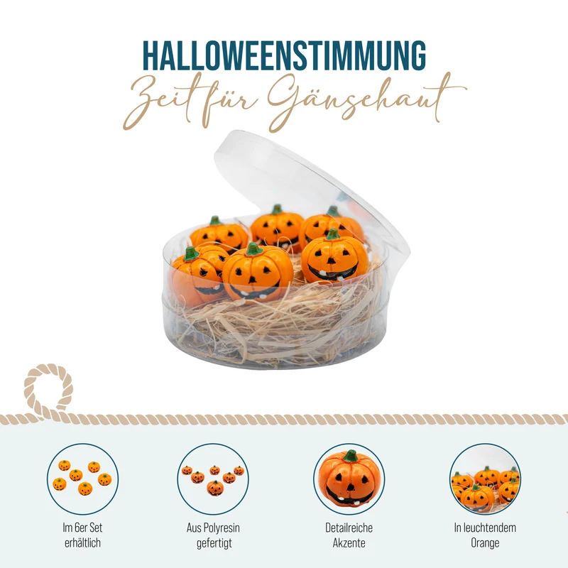 Deko-Kürbisse 6er-Set aus Polystone, Mini Halloween-Kürbisse orange, je ca. 2,5 cm