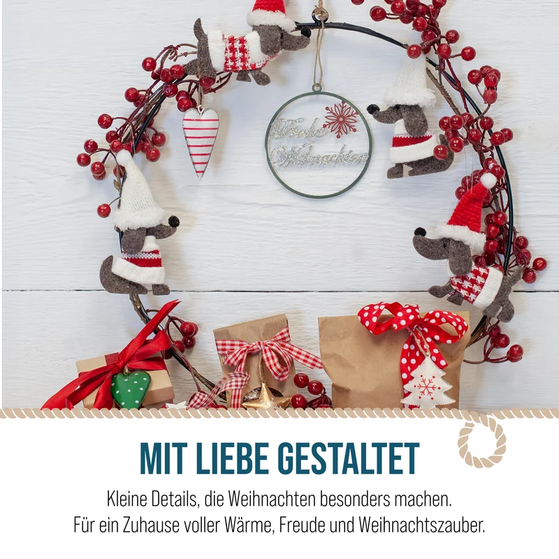 Stoff-Weihnachtshund 4er-Set H ca. 10,5-12,5 cm mit Mütze & Schal