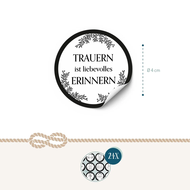 24 Aufkleber Trauer rund Ø 4 cm – Sticker-Bogen schwarz-weiß mit Trauersprüchen