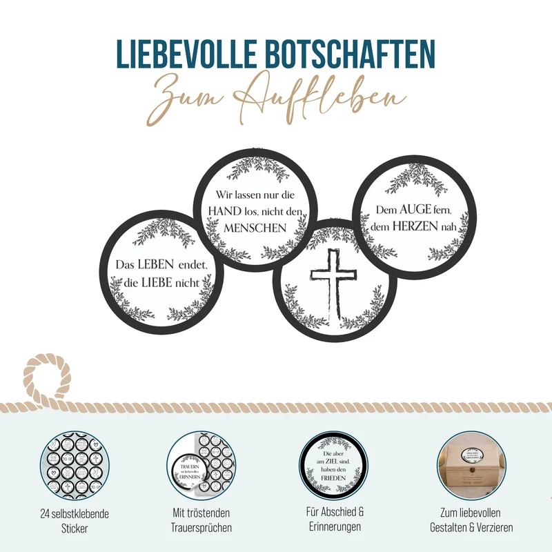 24 Aufkleber Trauer rund Ø 4 cm – Sticker-Bogen schwarz-weiß mit Trauersprüchen