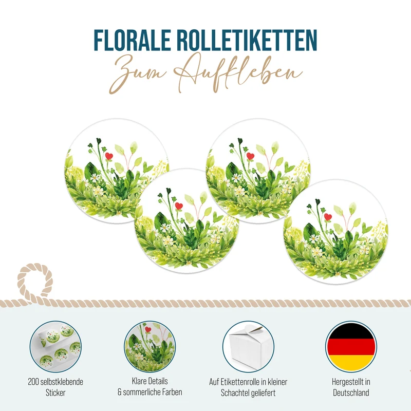 200 Aufkleber Blumen rund Ø 4 cm – Sticker auf Rolle in Aquarell-Optik zum Beschriften