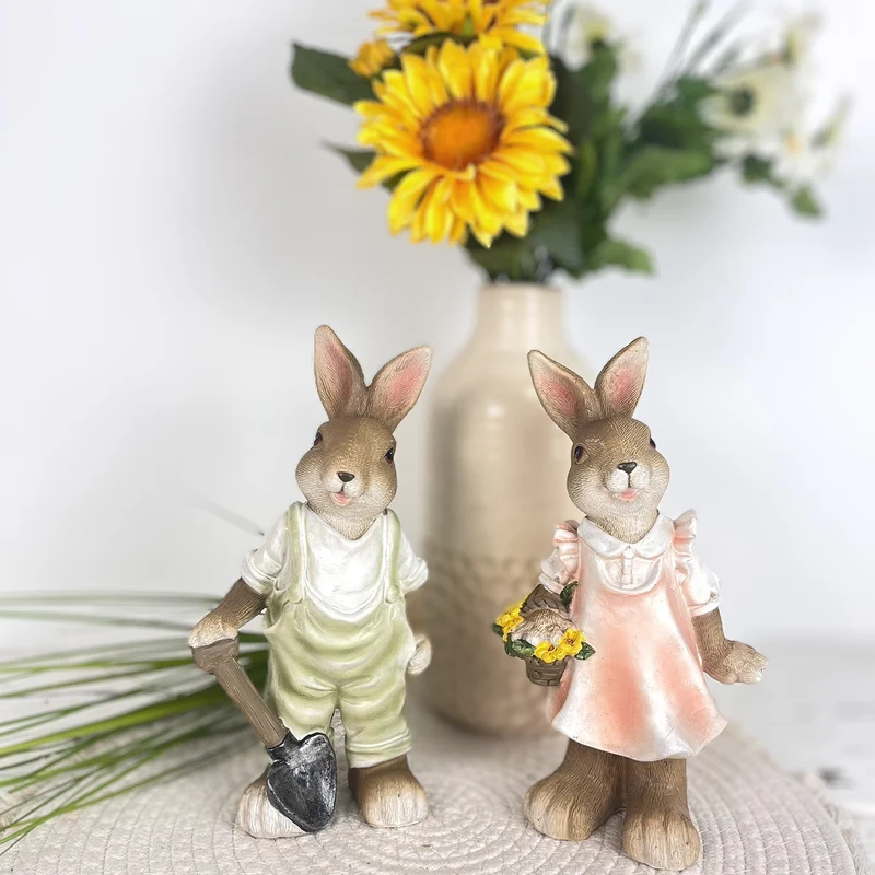 Logbuch-Verlag Osterhasen stehend 2er-Set mit Schippe und Blumen 21,5 cm Frühlingsdeko Ostern Figuren Landhausstil