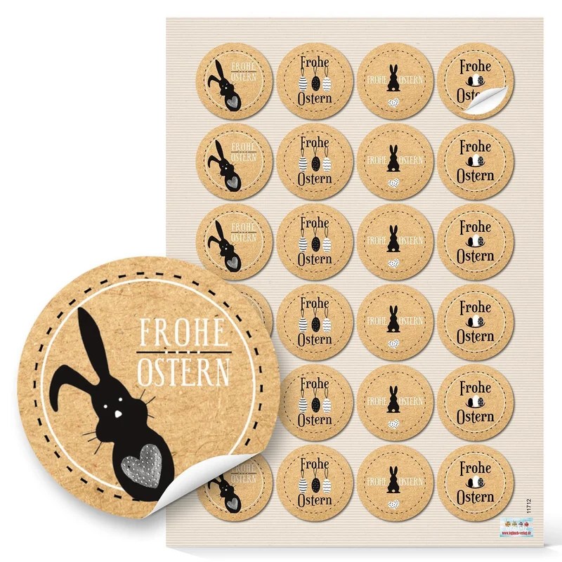 Set 72 Stück Osteraufkleber Frohe Ostern Osterhase Hase Aufkleber Ostersticker Osteretiketten mit Text vintage Nostalgie Look rund in braun weiß schwarz natürlich beige Kraftpapier look