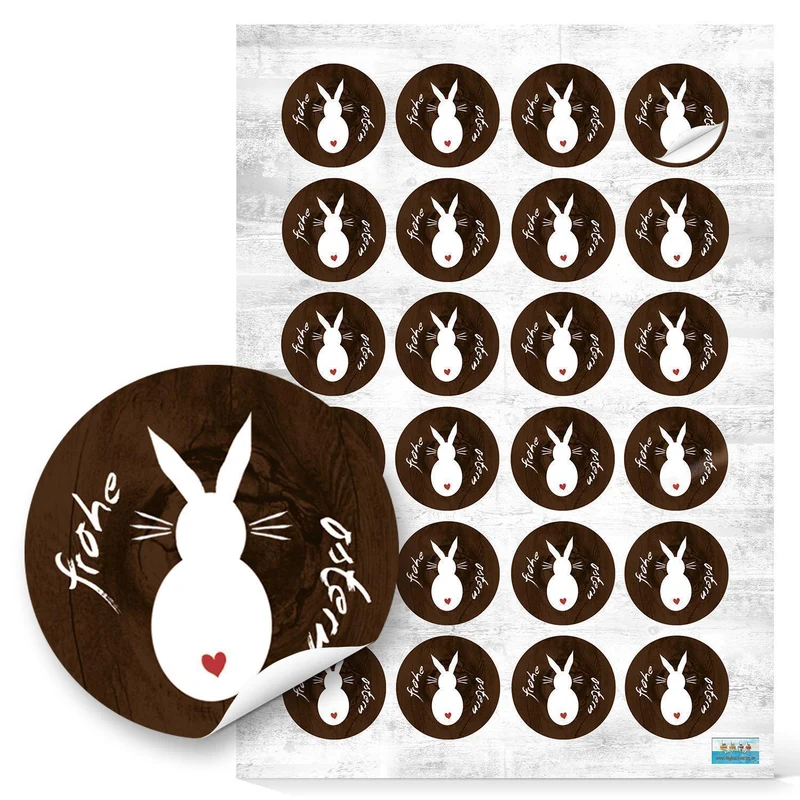 Set 72 Stück Osteraufkleber Frohe Ostern Osterhase Hase Aufkleber Ostersticker Osteretiketten mit Text vintage Nostalgie Look rund in braun weiß schwarz natürlich beige Kraftpapier look