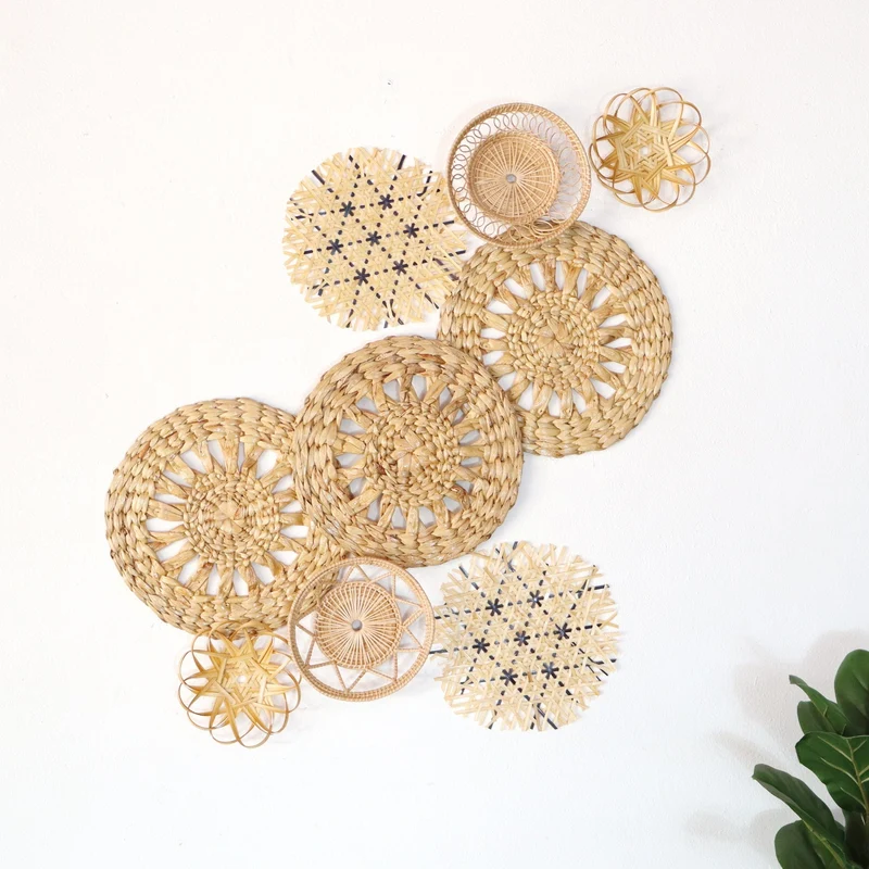 Natural & Blue Mixed Bamboo Wall Decor Set of 9 — Boho Handwoven Patterned Basket Gallery Wall Art