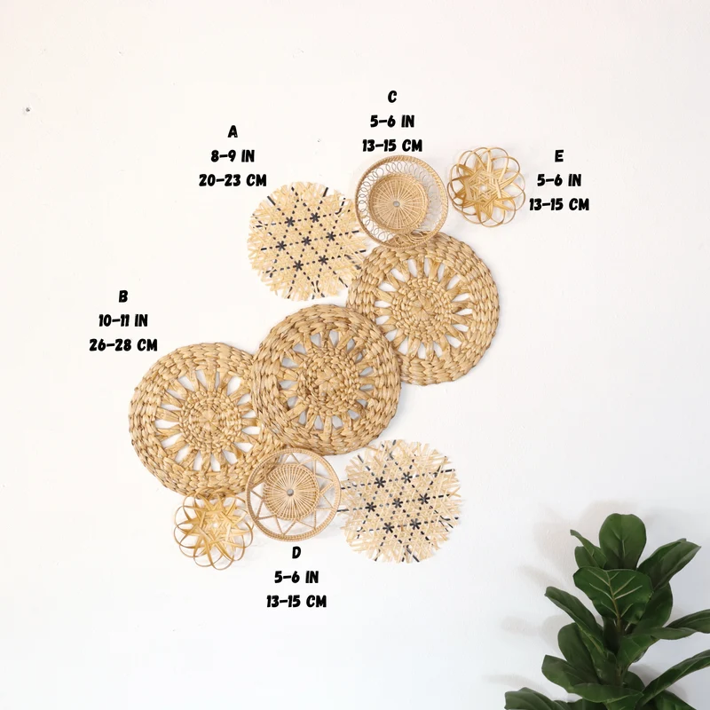 Natural & Blue Mixed Bamboo Wall Decor Set of 9 — Boho Handwoven Patterned Basket Gallery Wall Art