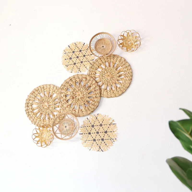 Natural & Blue Mixed Bamboo Wall Decor Set of 9 — Boho Handwoven Patterned Basket Gallery Wall Art