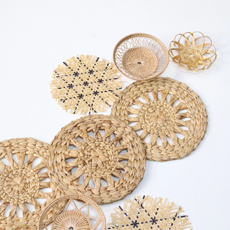 Natural & Blue Mixed Bamboo Wall Decor Set of 9 — Boho Handwoven Patterned Basket Gallery Wall Art