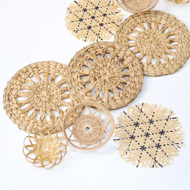 Natural & Blue Mixed Bamboo Wall Decor Set of 9 — Boho Handwoven Patterned Basket Gallery Wall Art