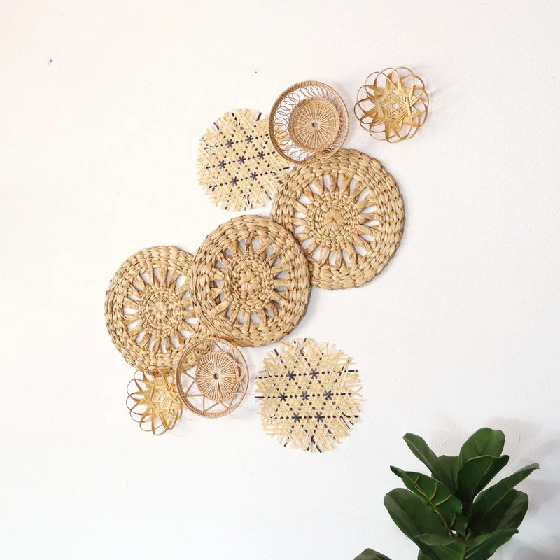 Natural & Blue Mixed Bamboo Wall Decor Set of 9 — Boho Handwoven Patterned Basket Gallery Wall Art