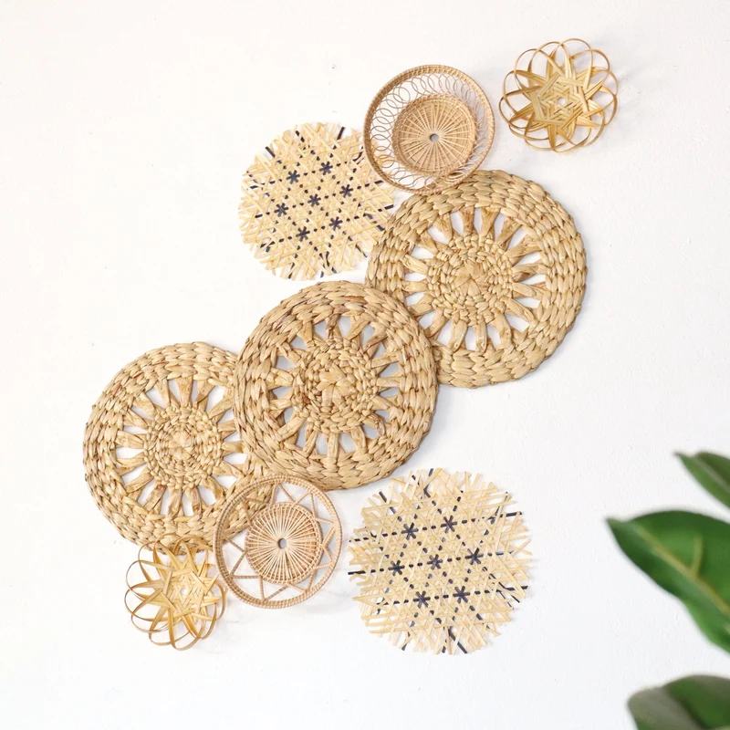 Natural & Blue Mixed Bamboo Wall Decor Set of 9 — Boho Handwoven Patterned Basket Gallery Wall Art