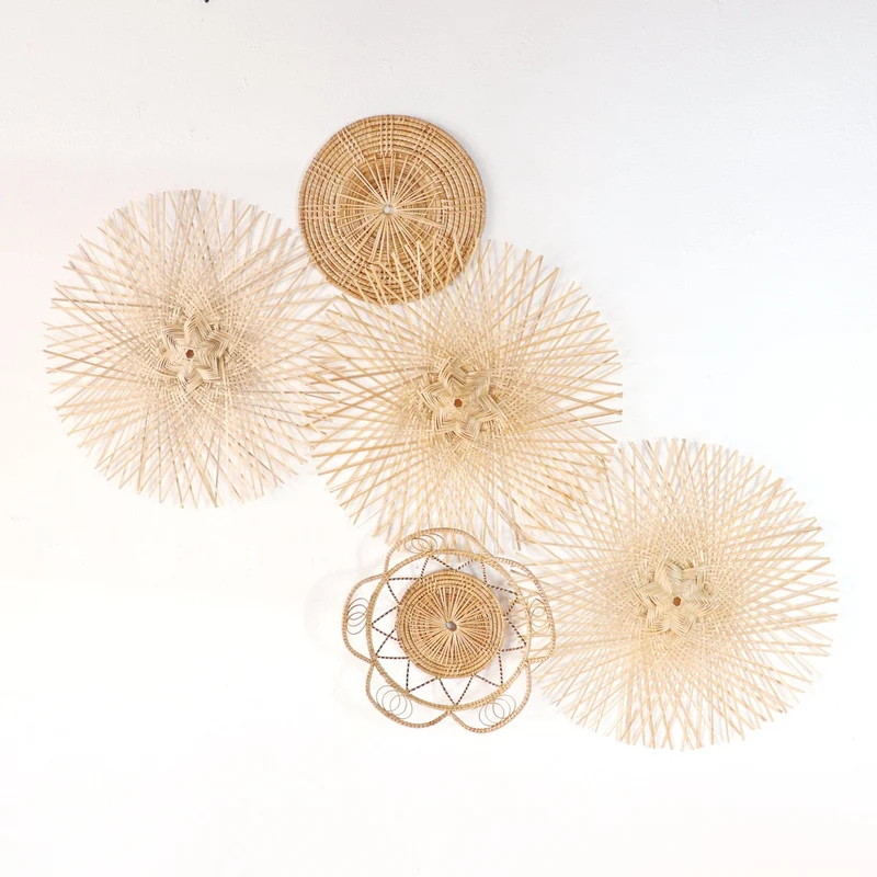 Bamboo Wall Decor Set of 5 — Boho Handwoven Hanging Woven Basket Wall Art