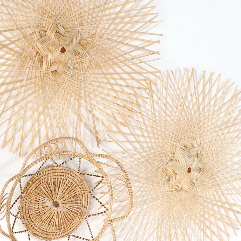 Bamboo Wall Decor Set of 5 — Boho Handwoven Hanging Woven Basket Wall Art