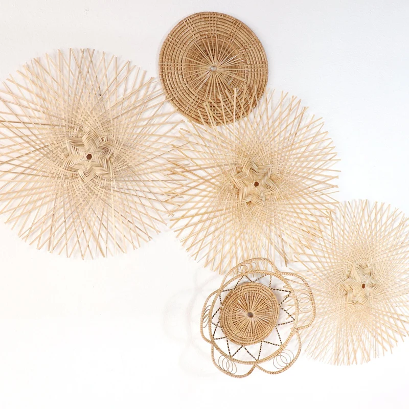 Bamboo Wall Decor Set of 5 — Boho Handwoven Hanging Woven Basket Wall Art