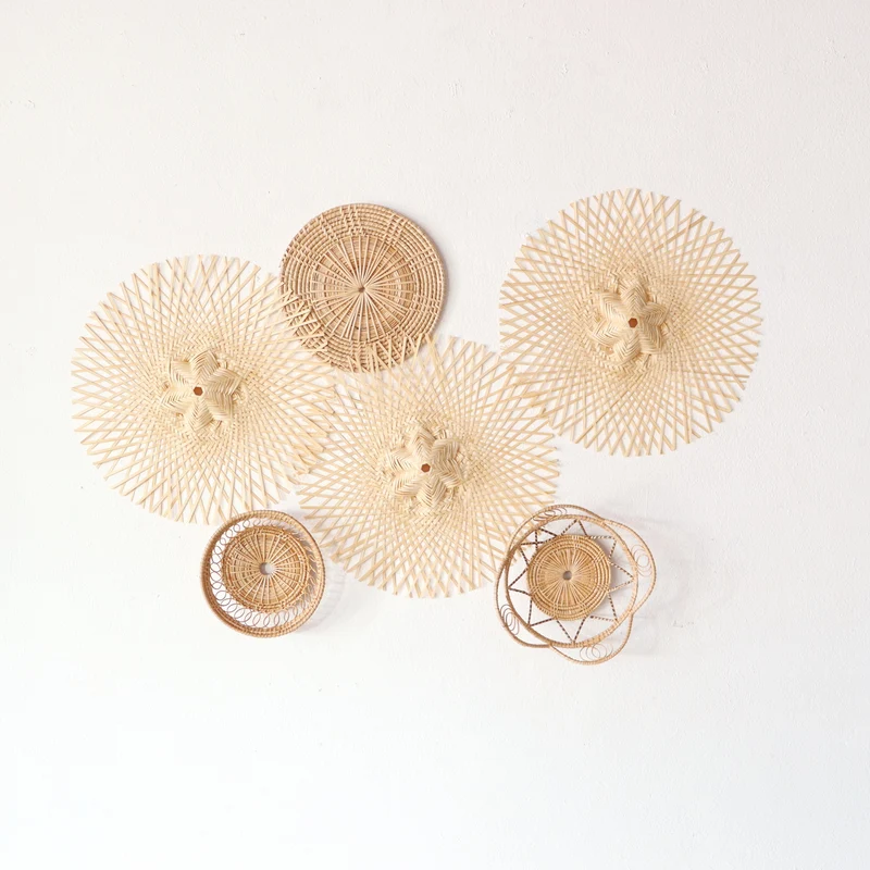 Natural Cream Starburst Bamboo Wall Decor Set — Boho Handwoven Mixed Open-Weave Hanging Wall Art
