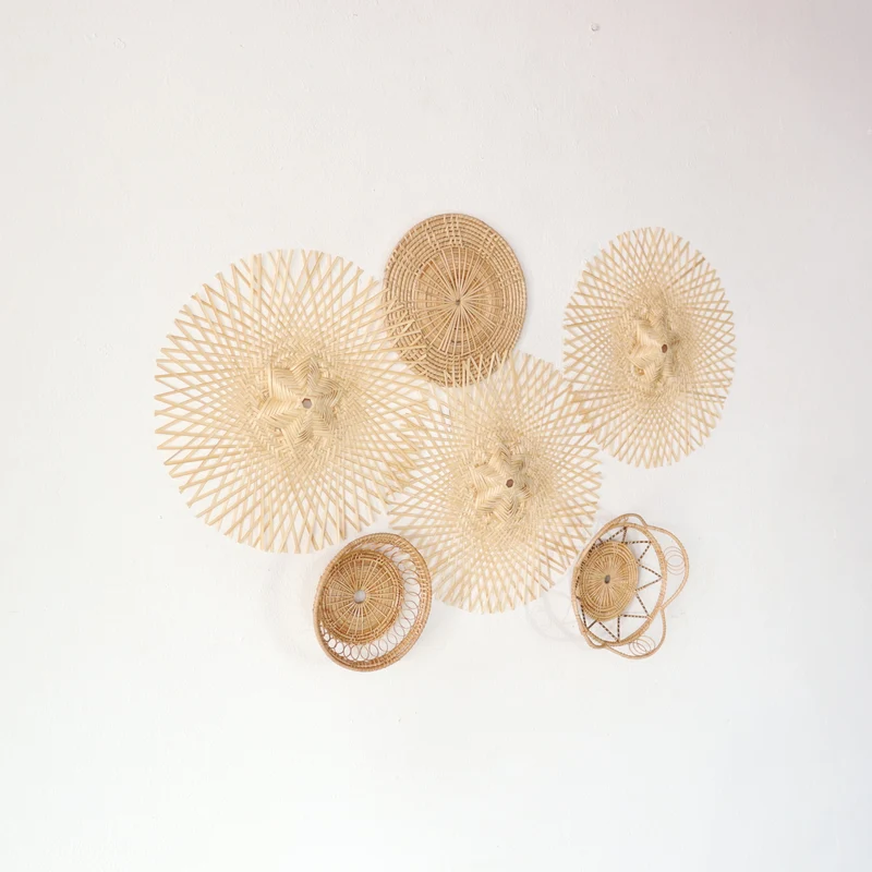 Natural Cream Starburst Bamboo Wall Decor Set — Boho Handwoven Mixed Open-Weave Hanging Wall Art
