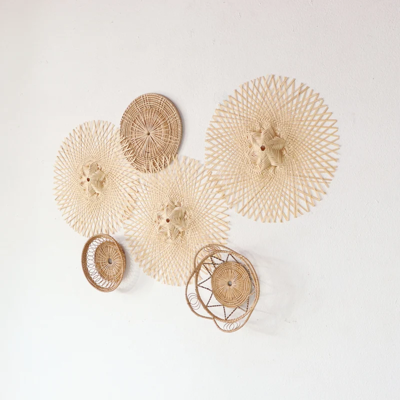 Natural Cream Starburst Bamboo Wall Decor Set — Boho Handwoven Mixed Open-Weave Hanging Wall Art