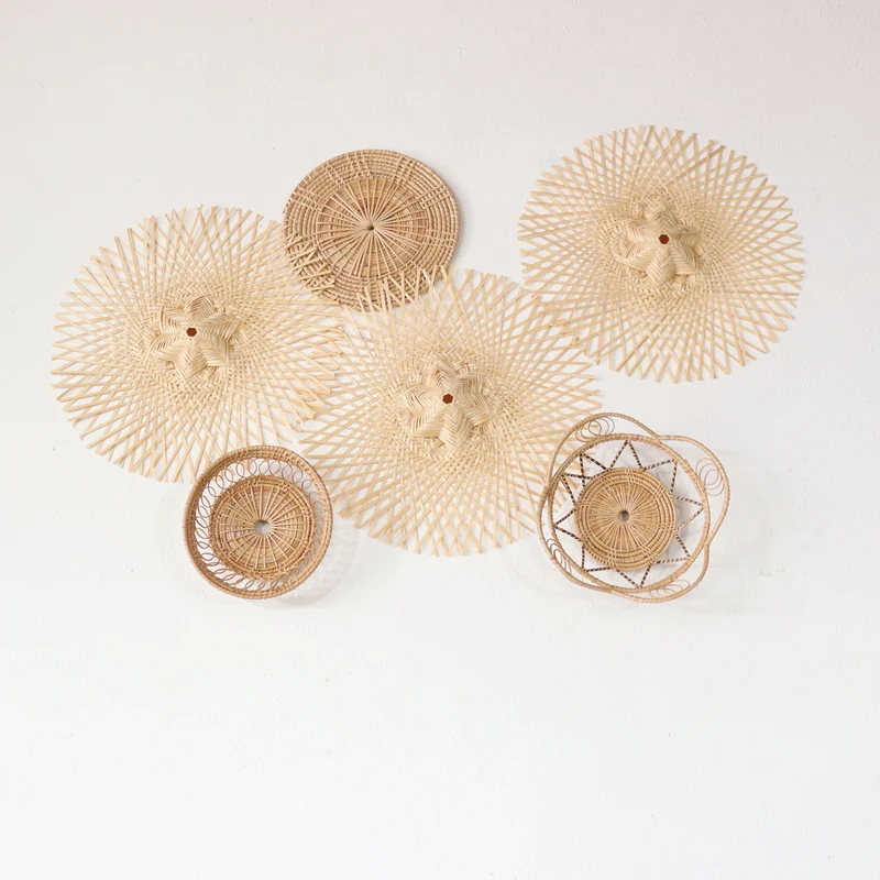 Natural Cream Starburst Bamboo Wall Decor Set — Boho Handwoven Mixed Open-Weave Hanging Wall Art