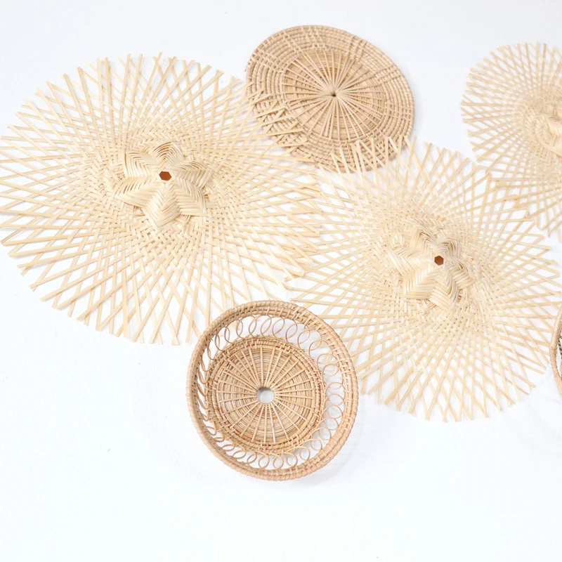Natural Cream Starburst Bamboo Wall Decor Set — Boho Handwoven Mixed Open-Weave Hanging Wall Art