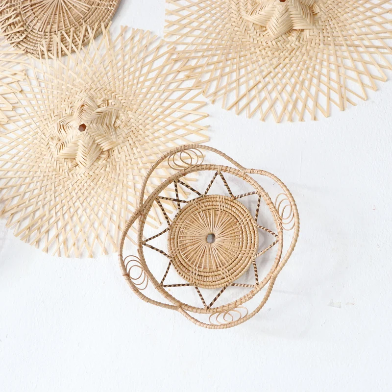 Natural Cream Starburst Bamboo Wall Decor Set — Boho Handwoven Mixed Open-Weave Hanging Wall Art