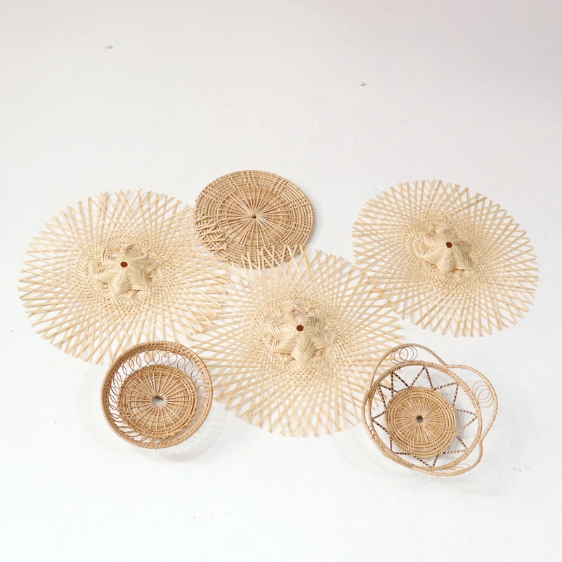 Natural Cream Starburst Bamboo Wall Decor Set — Boho Handwoven Mixed Open-Weave Hanging Wall Art