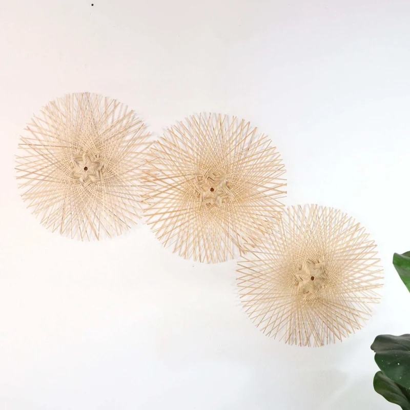 Natural Tan Starburst Bamboo Wall Decor Set of 3 — Boho Handwoven Sunburst Hanging Basket Wall Art