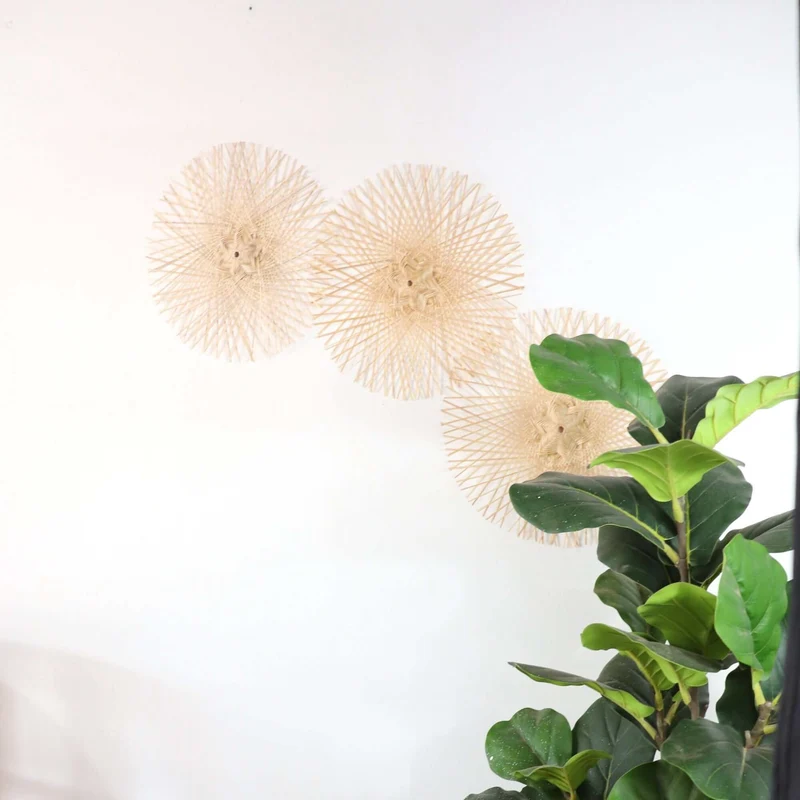 Natural Tan Starburst Bamboo Wall Decor Set of 3 — Boho Handwoven Sunburst Hanging Basket Wall Art