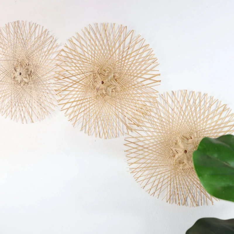 Natural Tan Starburst Bamboo Wall Decor Set of 3 — Boho Handwoven Sunburst Hanging Basket Wall Art