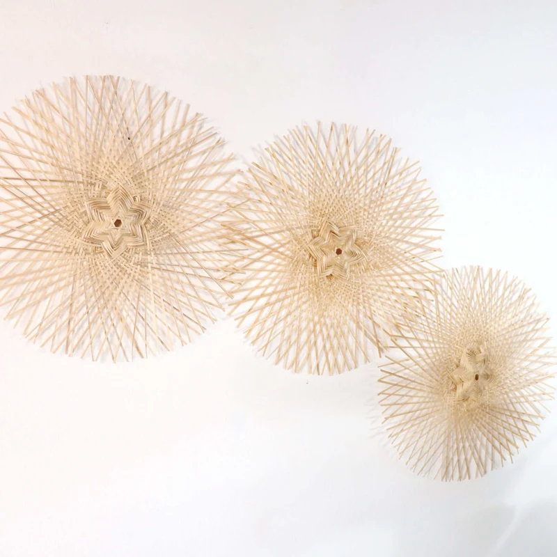 Natural Tan Starburst Bamboo Wall Decor Set of 3 — Boho Handwoven Sunburst Hanging Basket Wall Art