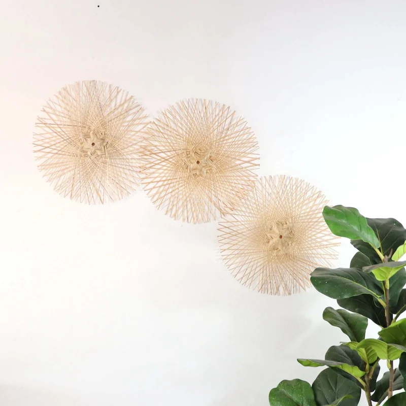 Natural Tan Starburst Bamboo Wall Decor Set of 3 — Boho Handwoven Sunburst Hanging Basket Wall Art