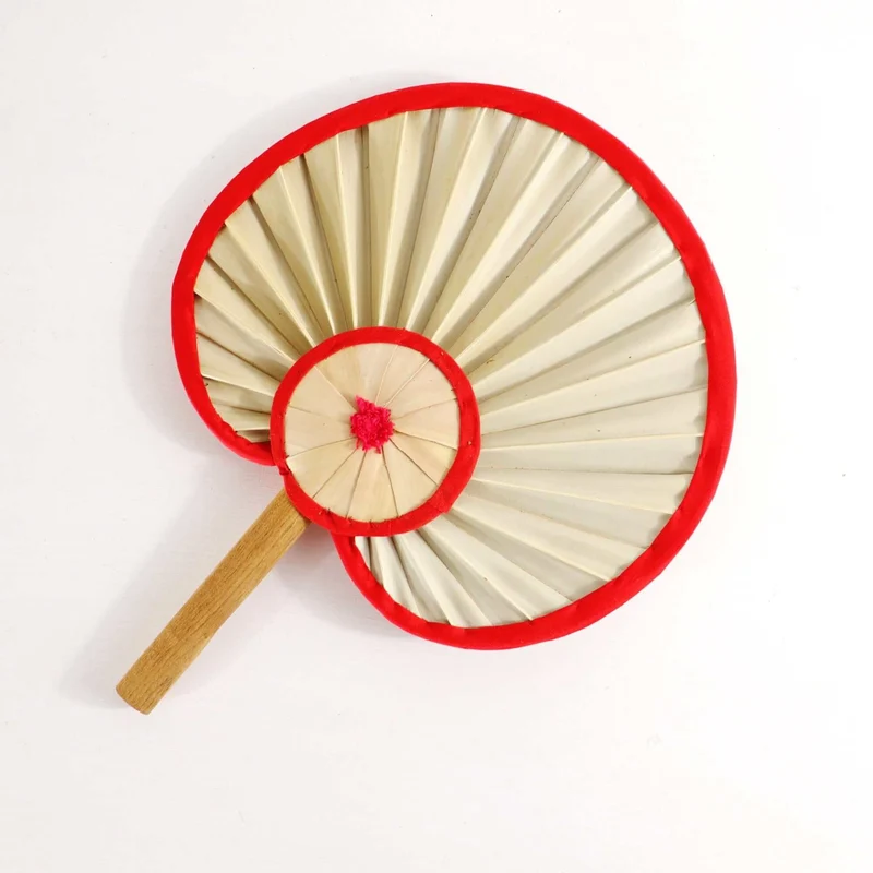 Round Palm Leaf Hand Fan with Red Trim — Handmade Boho Natural Woven Cooling Fan