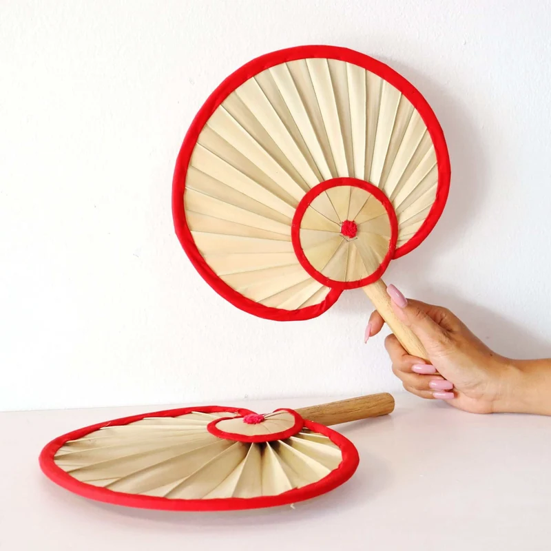 Round Palm Leaf Hand Fan with Red Trim — Handmade Boho Natural Woven Cooling Fan