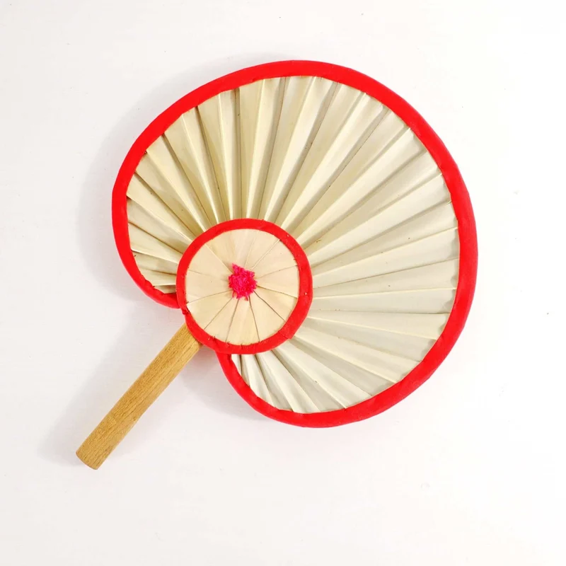 Round Palm Leaf Hand Fan with Red Trim — Handmade Boho Natural Woven Cooling Fan