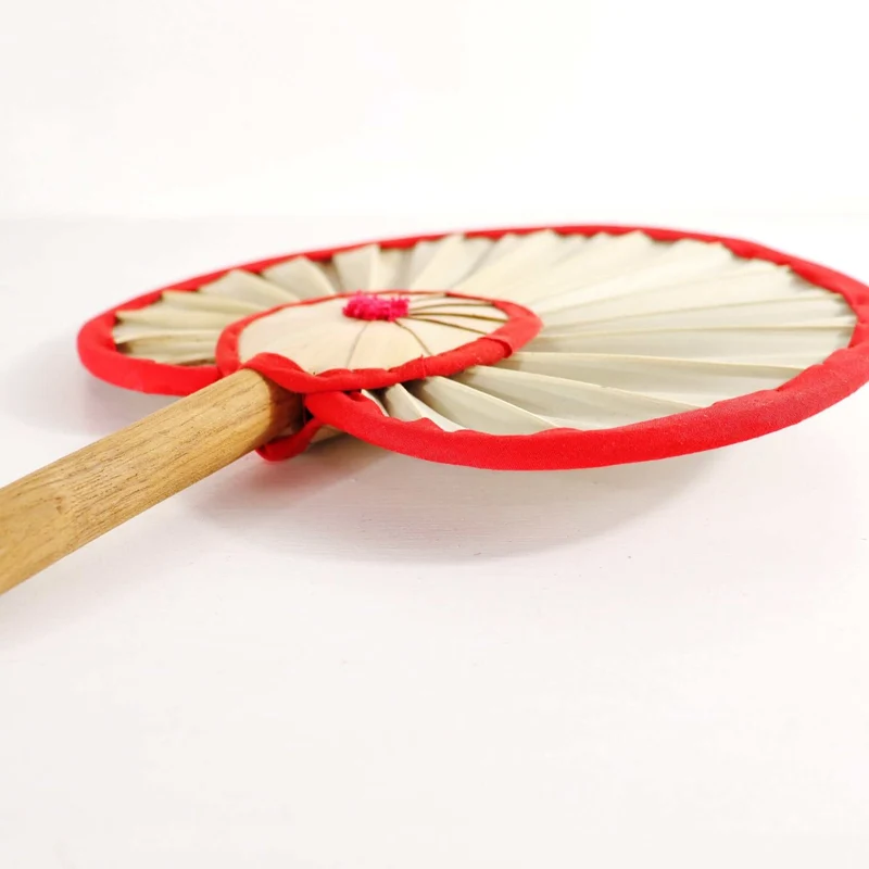 Round Palm Leaf Hand Fan with Red Trim — Handmade Boho Natural Woven Cooling Fan