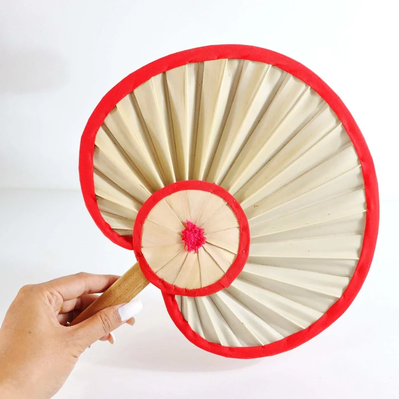Round Palm Leaf Hand Fan with Red Trim — Handmade Boho Natural Woven Cooling Fan