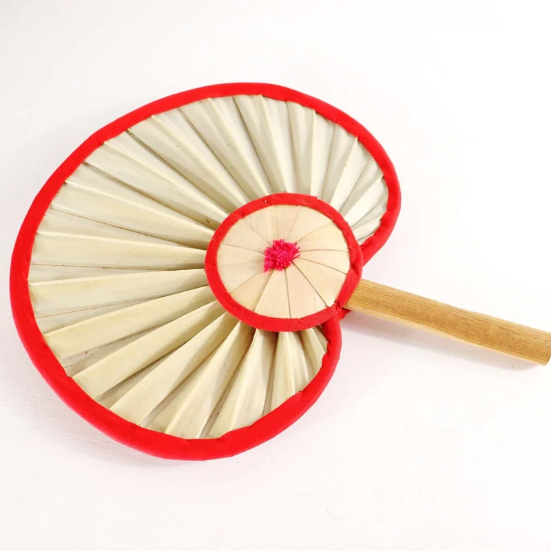Round Palm Leaf Hand Fan with Red Trim — Handmade Boho Natural Woven Cooling Fan