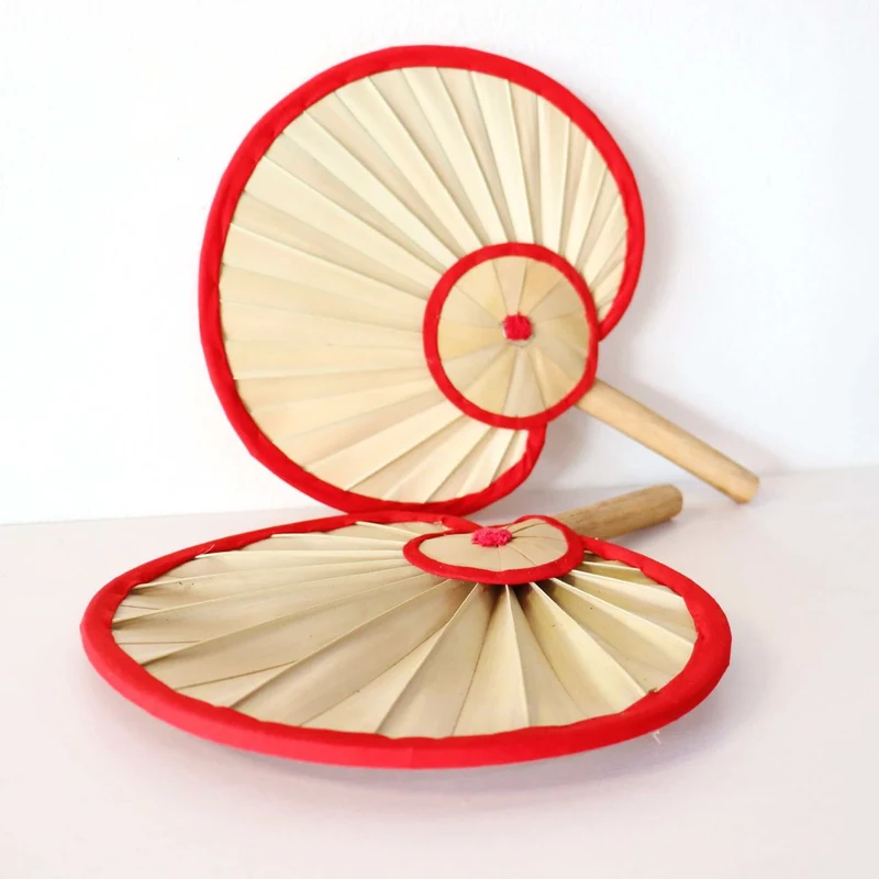 Round Palm Leaf Hand Fan with Red Trim — Handmade Boho Natural Woven Cooling Fan